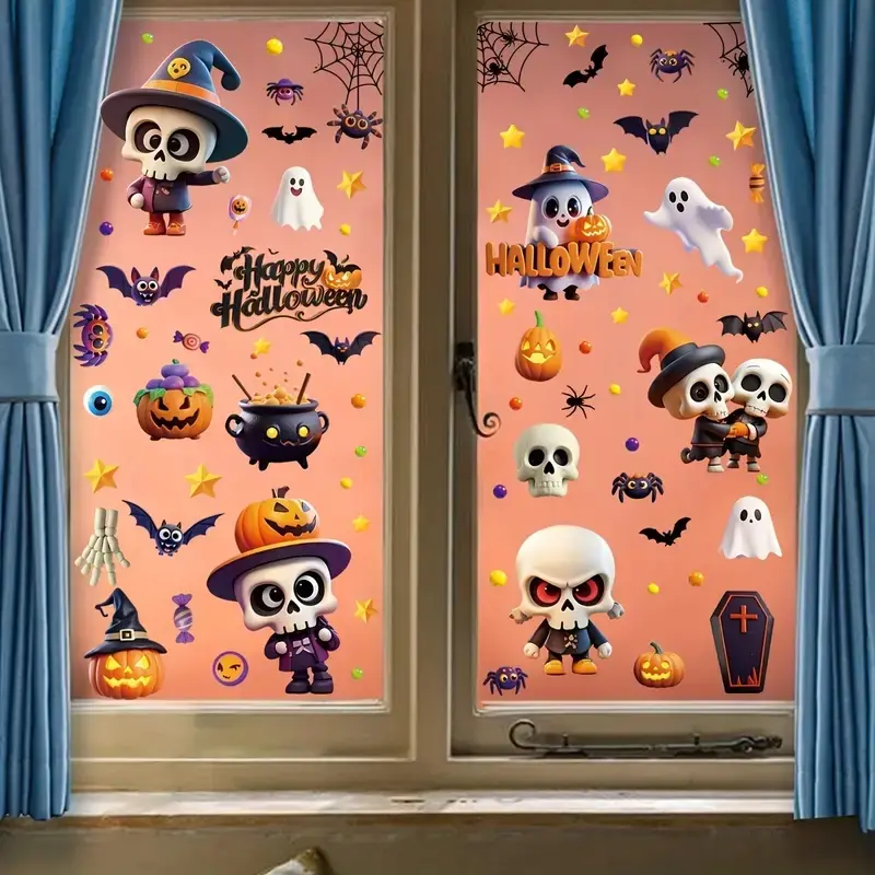Halloween Stickers Set, 9 Sheets Cartoon Skull Design, Window Glass Door Wall Decoration, Party Gift Idea, Perfect for Halloween Decorations