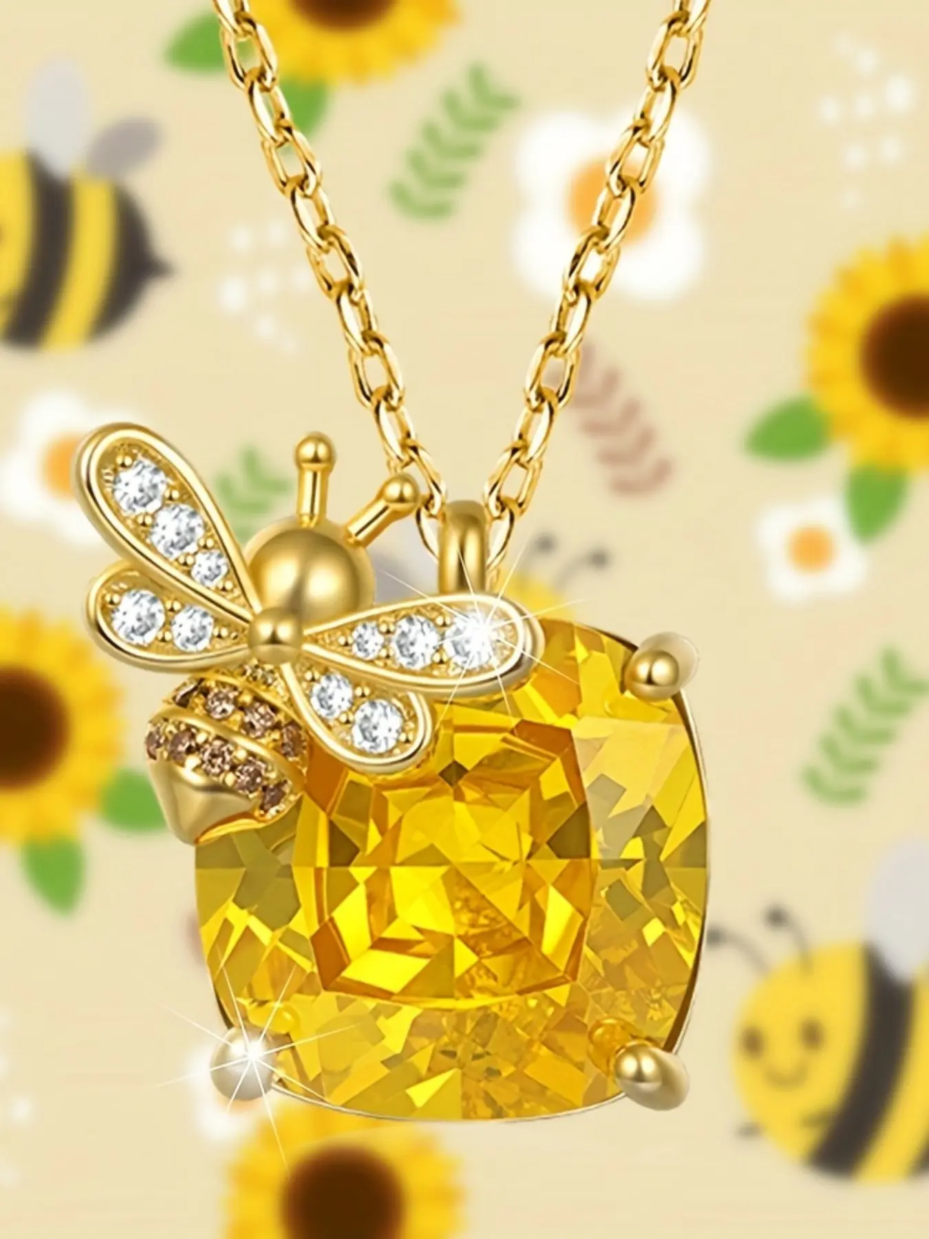 A shining yellow imitation diamond bee pendant necklace, a beautiful ladies' jewelry accessory, perfect as a gift for festivals and birthdays