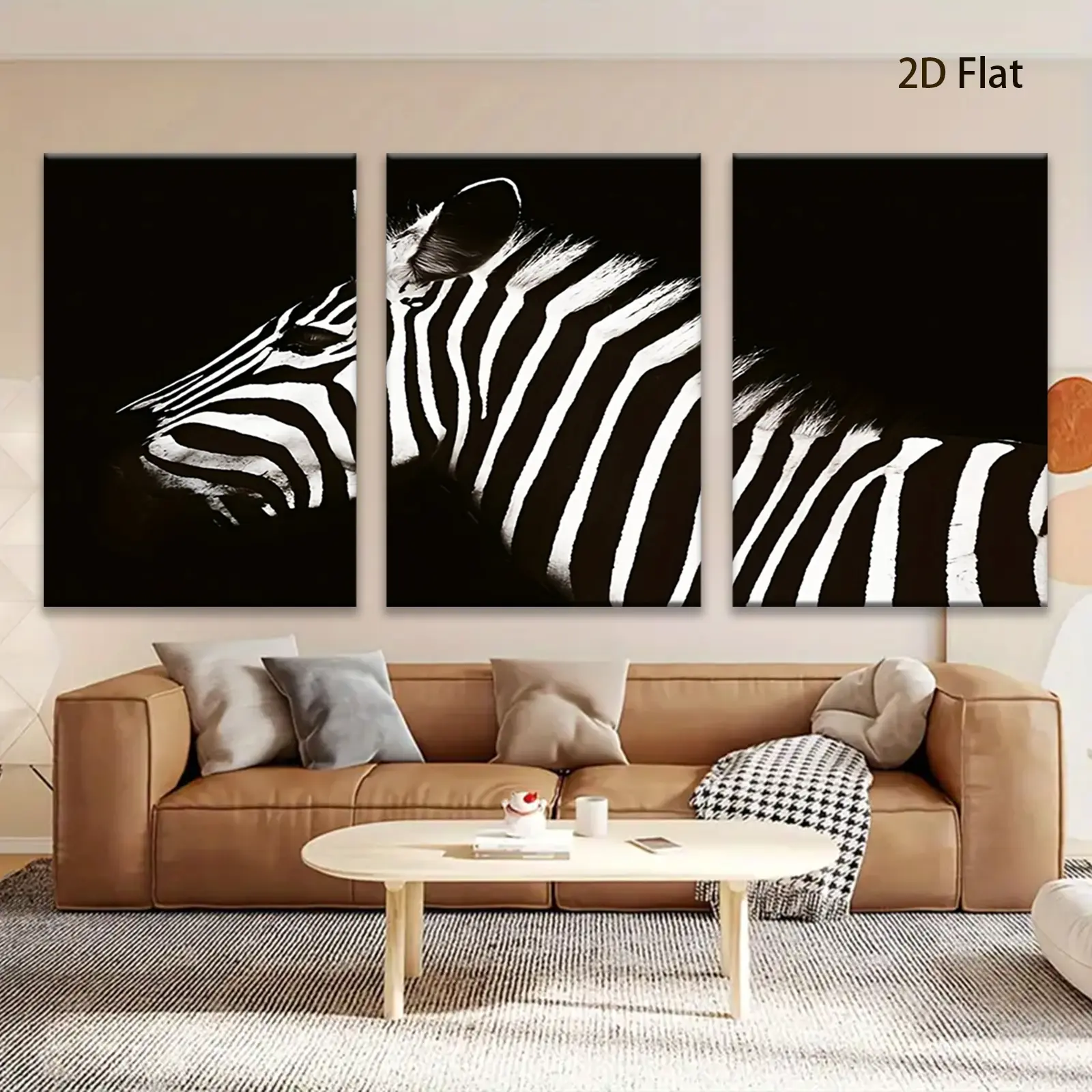 2D Flat, 3Pcs 2D flat canvas posters with zebra pattern, perfect for decorating bedrooms, bathrooms, living rooms, and kitchens.A unique gift choice, ready to hang at any time