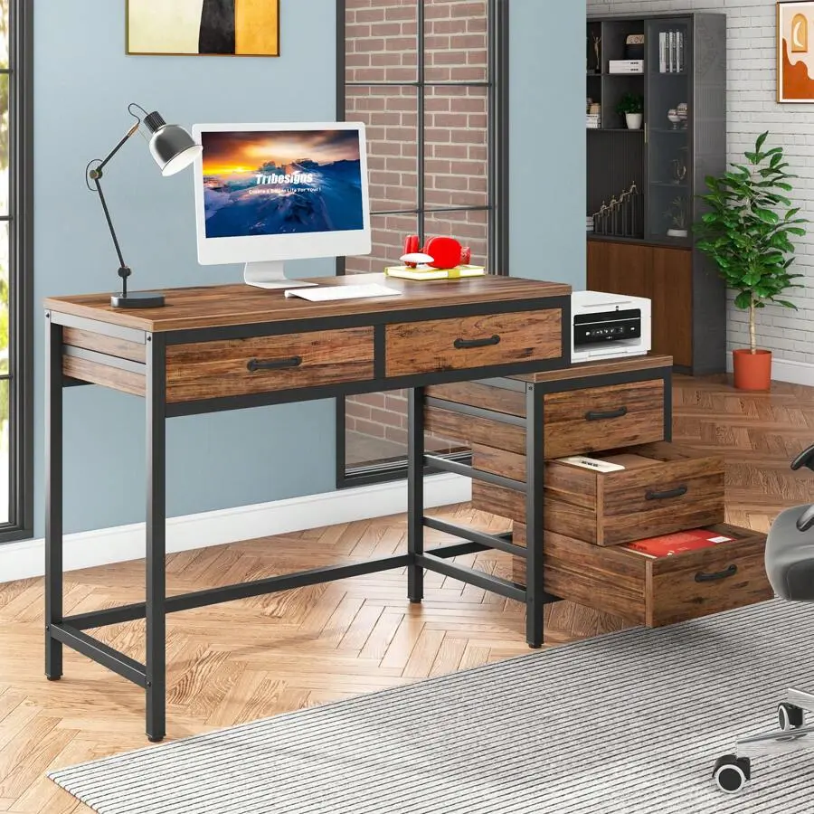 5-Drawer Computer Desk, Multi-Purpose Office Desk With Convertible Drawer Cabinet And Printer Table, Industrial Style Study Desk With Ample Storage, Rustic Brown