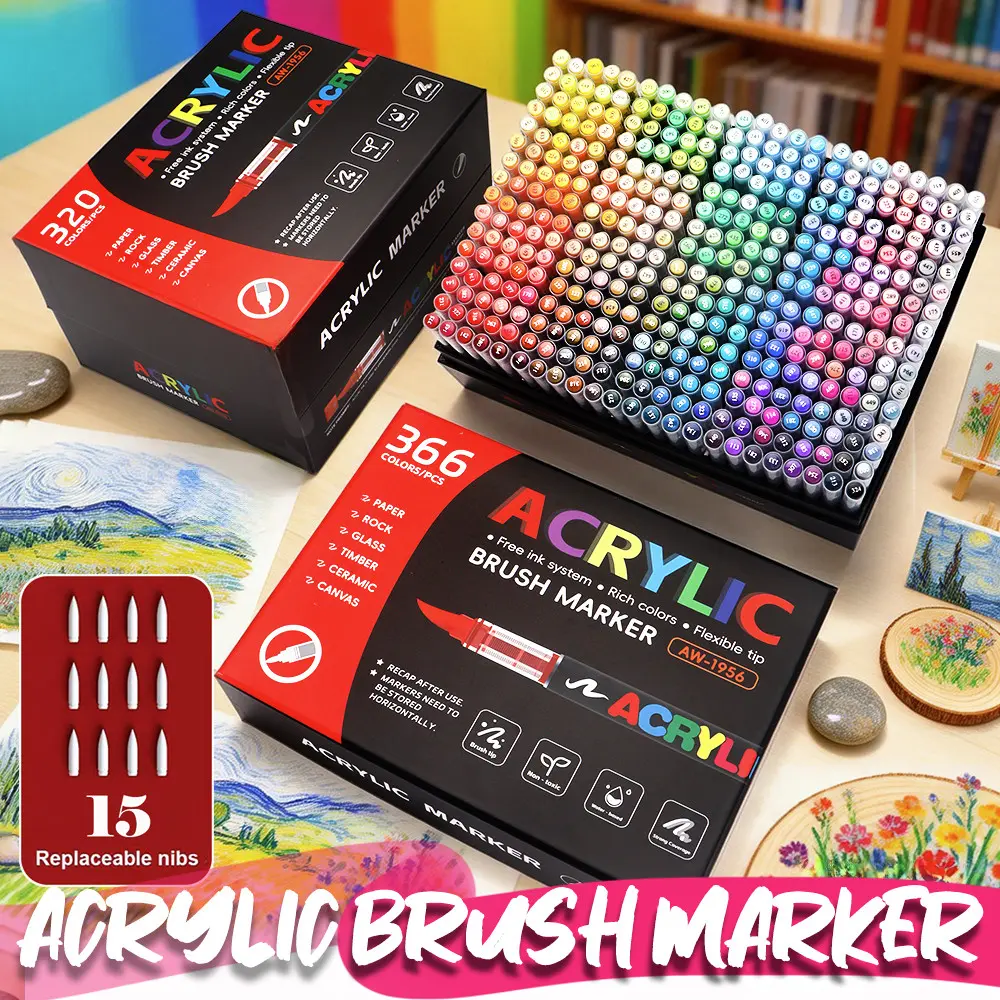 Acrylic Marker Pen Set 320-366 Colors, Non-Press Student Drawing Pens, Opaque Colorful Brushes, Ideal for Calligraphy, Crafts, Paper, Stone, Wood, Plastic, Canvas
