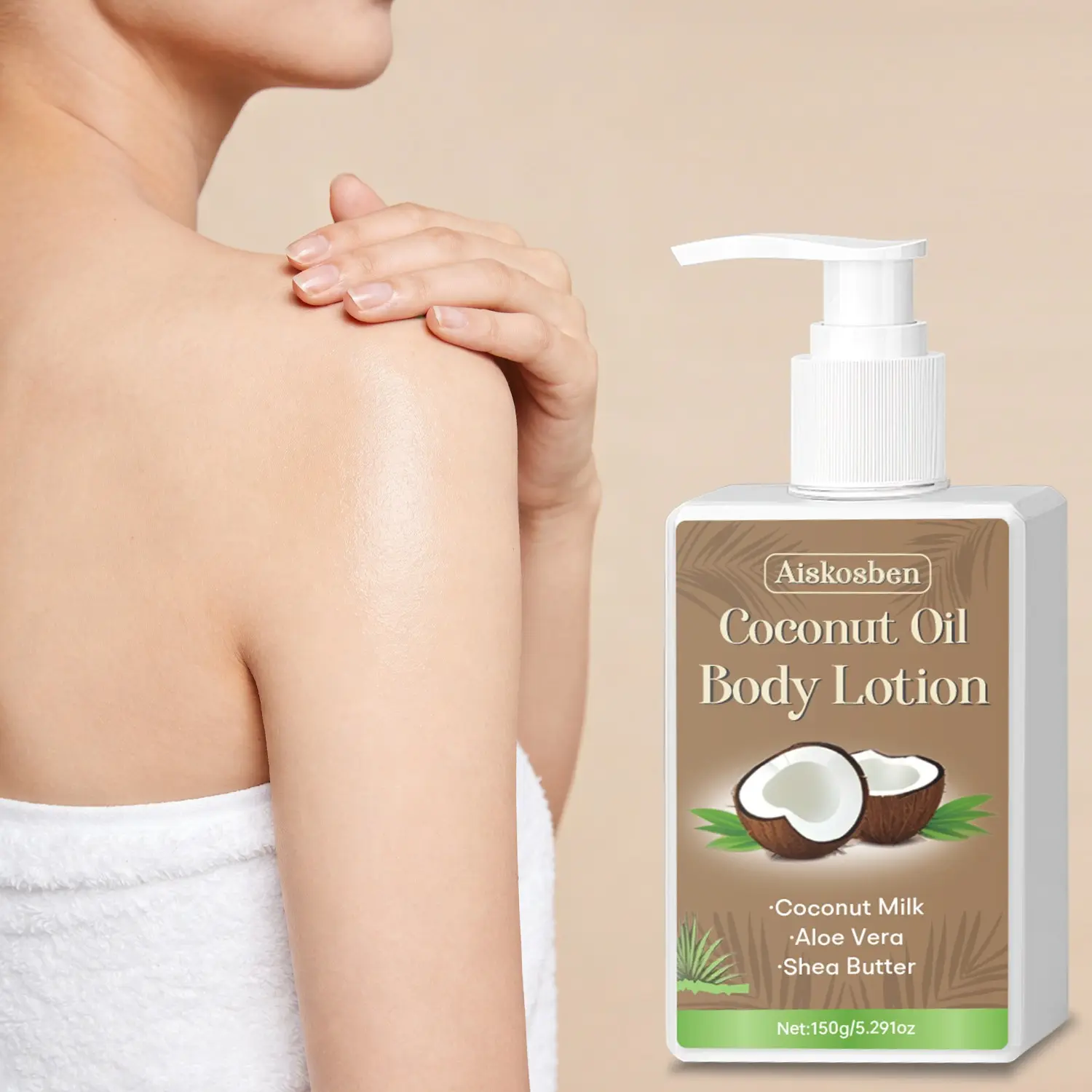 Coconut Oil Body Lotion, Deep Nourishing, Fast Absorbing, Non-Greasy, Hydrating, Improves Dry Rough Skin, Full Body Care, 150g