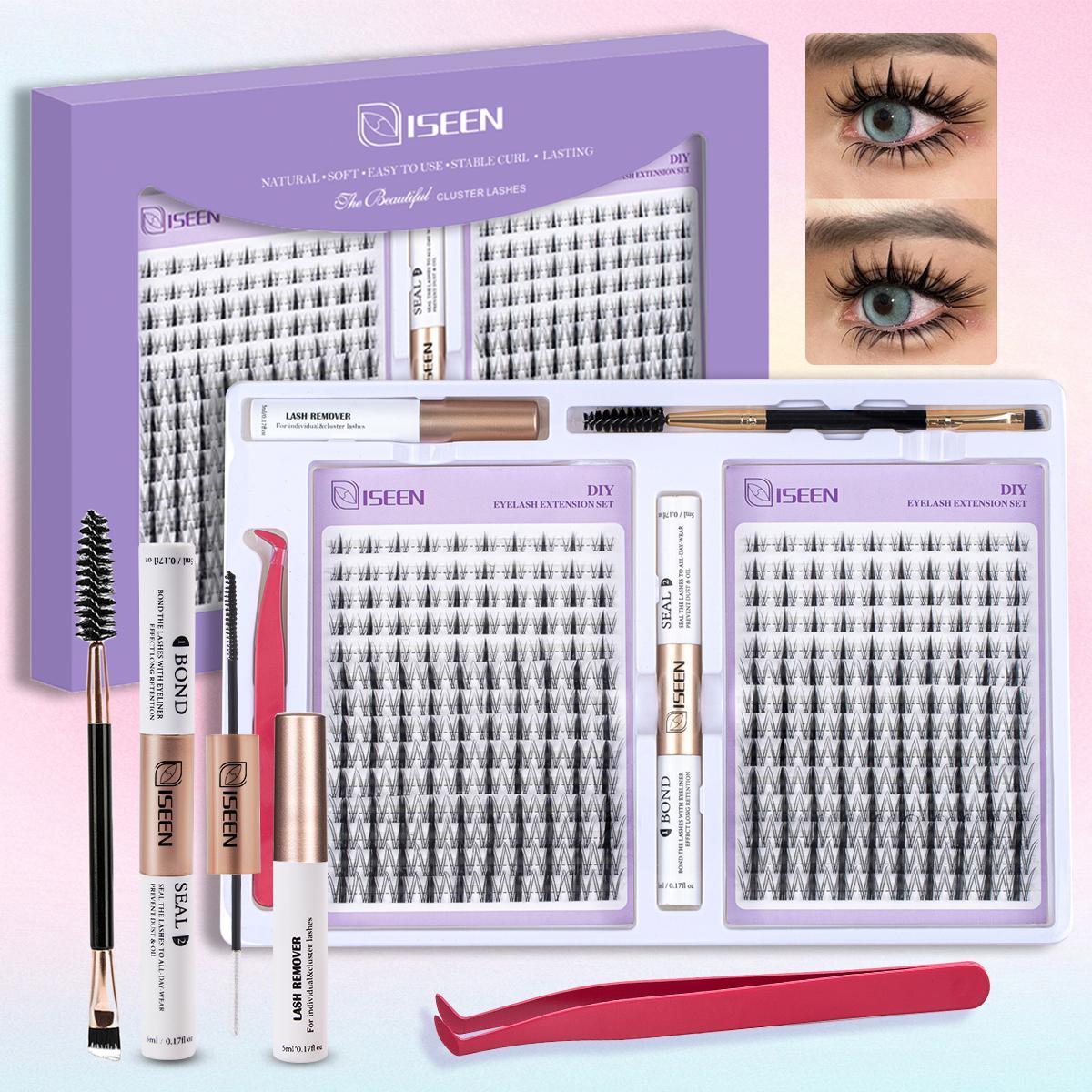 False Eyelashes Kit, 1 Set D Curl Eyelash Clusters, Fluffy Eyelash Clusters with Eyelash Glue, Remover, Brush & Tweezers, Eyelash Extension Kit for Women & Girls