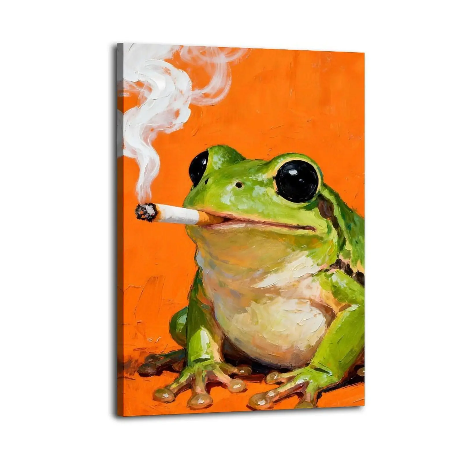 Cartoon Frog Smoking Cigarette Frameless Canvas Poster, Anime Theme Bright Print Home Decor Wall Art for Living Room & Bedroom, Giftable Modern Office Bathroom Wall Decor