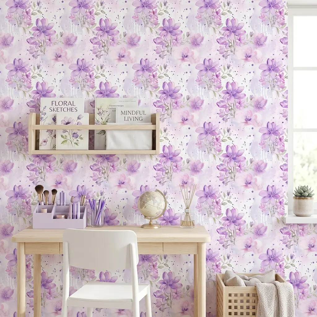 1 Roll 44.5cm/17.5in Light Purple Watercolor Floral Splash Wall Decals, Decorative Wallpaper, Self-Adhesive Soft Purple Flower Wallpaper, Waterproof Adhesive Contact Paper, Grid Back Easy Cut Peel Stick Wall Decor, for Nursery Bedroom Bathroom