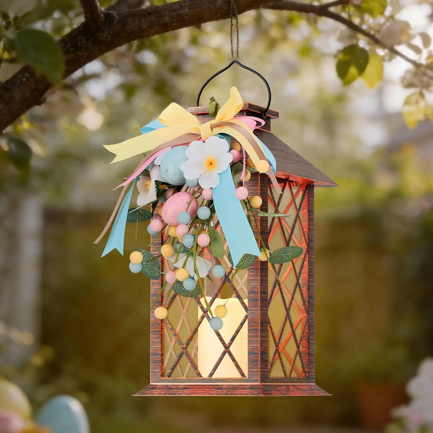 Easter Solar Lanterns Outdoor ,  Spring and Easter Lantern with Flickering LED Candle, 13'' Bronze Outside Solar  Decorative Lantern for Patio Porch Garden Yard Pathway, 1 Pack