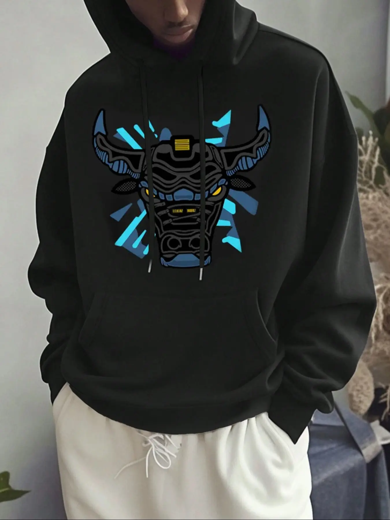 Men's Mechanical Bull Head Print Fleece Lined Hoodie, Casual Long Sleeve Pullover Sweatshirt, Fall & Winter Fashion