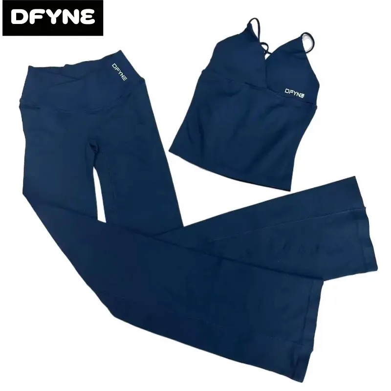 DFYNE 2 Piece Seamless Workout Set for Women| V Neck Strappy Tank Top & Crossover V-Waist Flared Leggings| Yoga Gym Matching Outfit