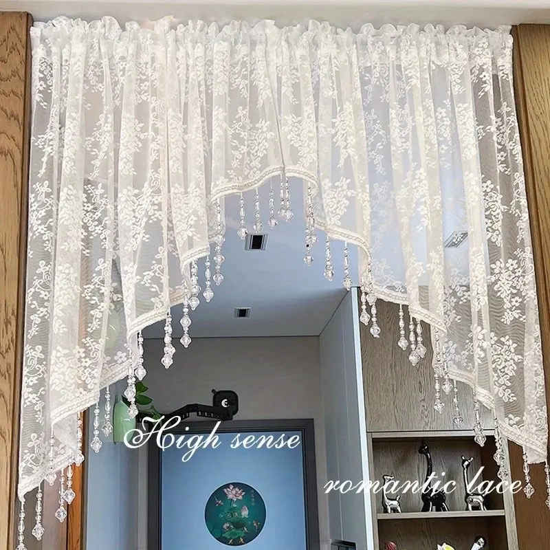 1PC French Vintage Semi-Sheer Curtain, Beaded Lace Triangle Curtain, Bedroom Hallway Door Curtain, Floral Sheer Kitchen Curtain, Rod Pocket Curtains