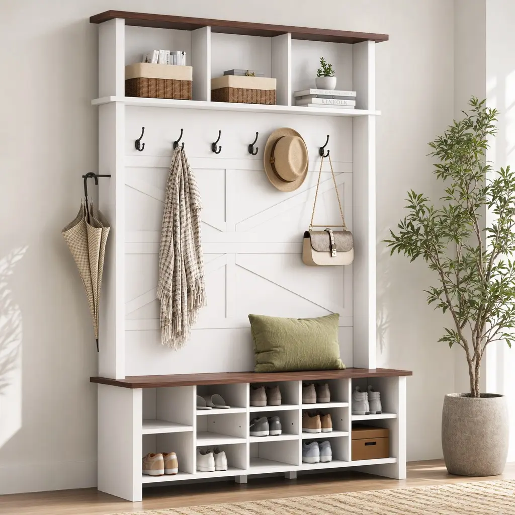 Rustic Wooden 4-in-1 Farmhouse Hall Tree - Adjustable Seat, 6 Hooks, Shoe Storage, 16 Open Compartments, X-Shaped Back, Umbrella Holder, Walnut Entrance Furniture for Mudroom, Living Room (White), Wood, Small Space Solutions