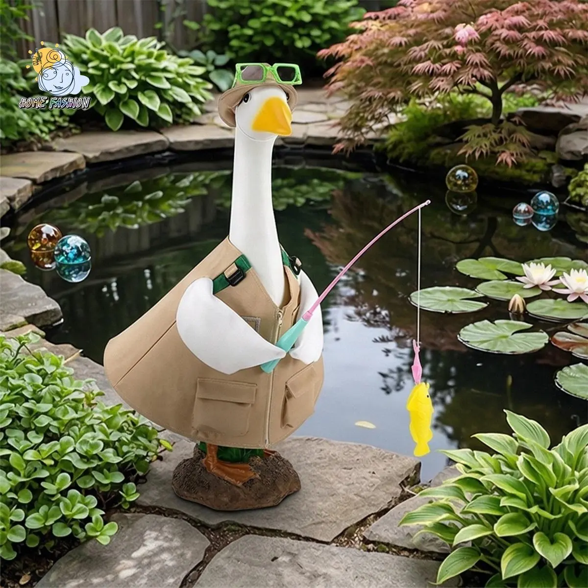 Porch Goose Outfits 23inch Lawn Goose Angling Costumes Included Clothes Hat Glasses Rod and Fish Toy Garden Decor