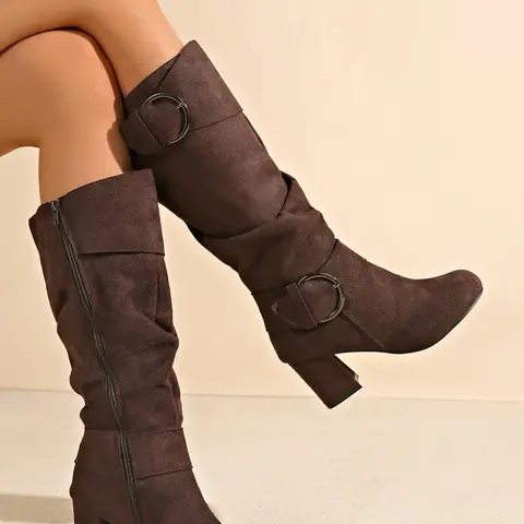 New European and American Pleated Knight Long Boots, Round Toe Thick Heel Metal Buckle High Ankle Boots, Block Heel Boot, Side Zipper Fall Winter Women's Shoes