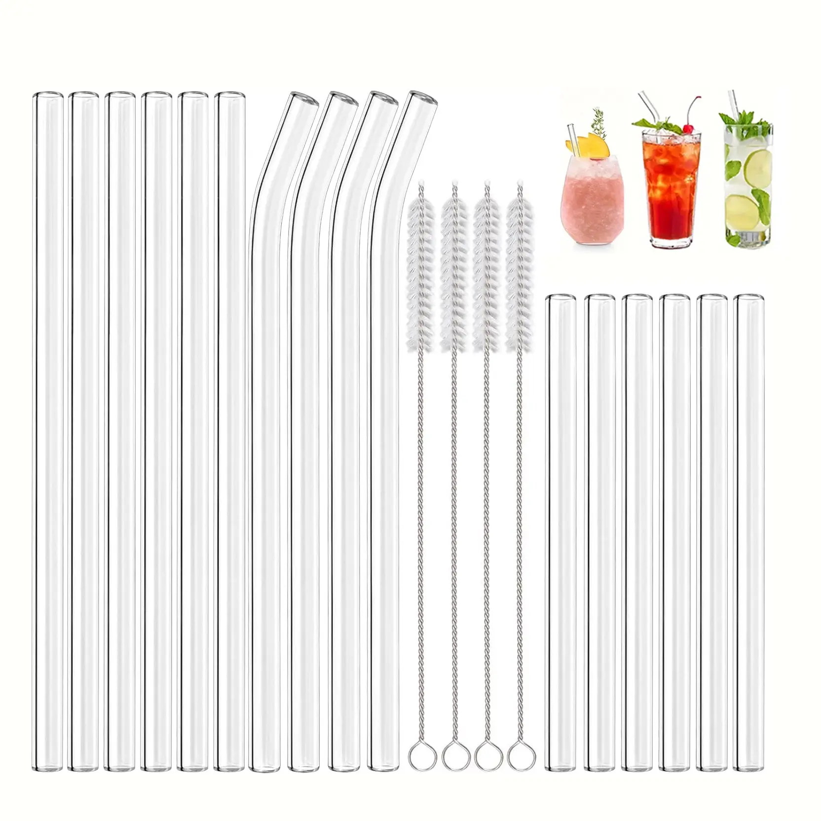 Reusable High Borosilicate Clear Glass Drinking Straws Set, 16 Straws + 4 Brushes, 2 Sizes, Heat Resistant, Ideal for Smoothies, Juices, Kitchen & Party Use