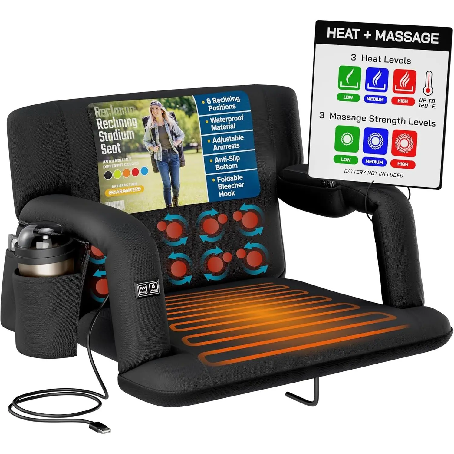 Heating Massage Stadium Seat - Deluxe Extra-Wide Reclining Bleacher Chair with  & Arm Support - -in Heater and  - Extra Thick, Lightweight &  (Extra Wide)
