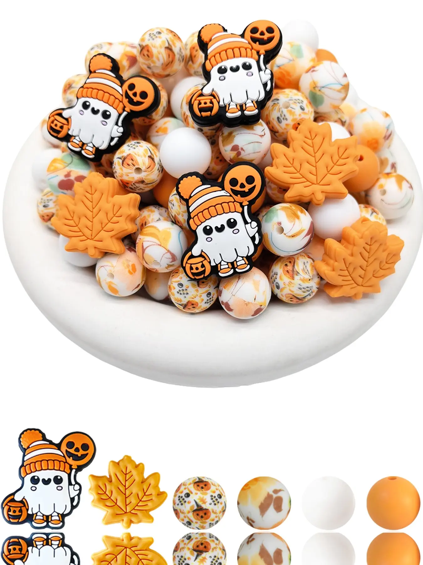 34pcs Autumn Ghost Maple Leaf Silicone Beads Set, Halloween Theme, Ideal for DIY Jewelry, Perfect Gift