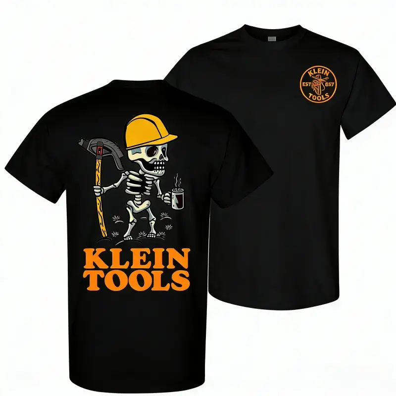 Klein Tools 2 side T-Shirt – Skeleton Wearing Hard Hat Holding Coffee and Hammer Shirt, Perfect for Casual Wear , All size, Full color, Gift For Him - Her