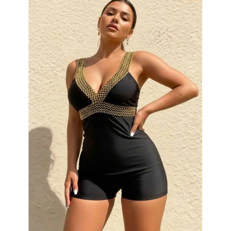 Black Gold Beaded Boyleg One-Piece Swimsuit, V Neck Design Swimwear For Tropical Getaway