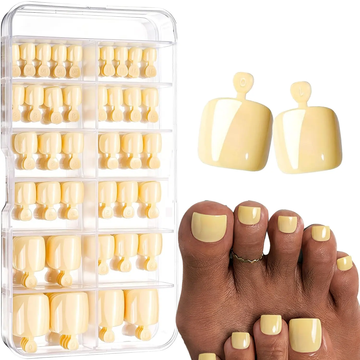 Yellow Press on Toenails, 120Pcs Short Square Glossy Finish Full Cover Ready to Wear Fake Toe Nail Tips, Premium Reusable, Suitable for Women Daily Party Wear
