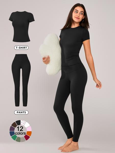 Women's Solid Short Sleeve Tee & Leggings Loungewear, Casual Comfy Round Neck Top & Skinny Pants PJ Set, Ladies Sleepwear for Spring & Fall