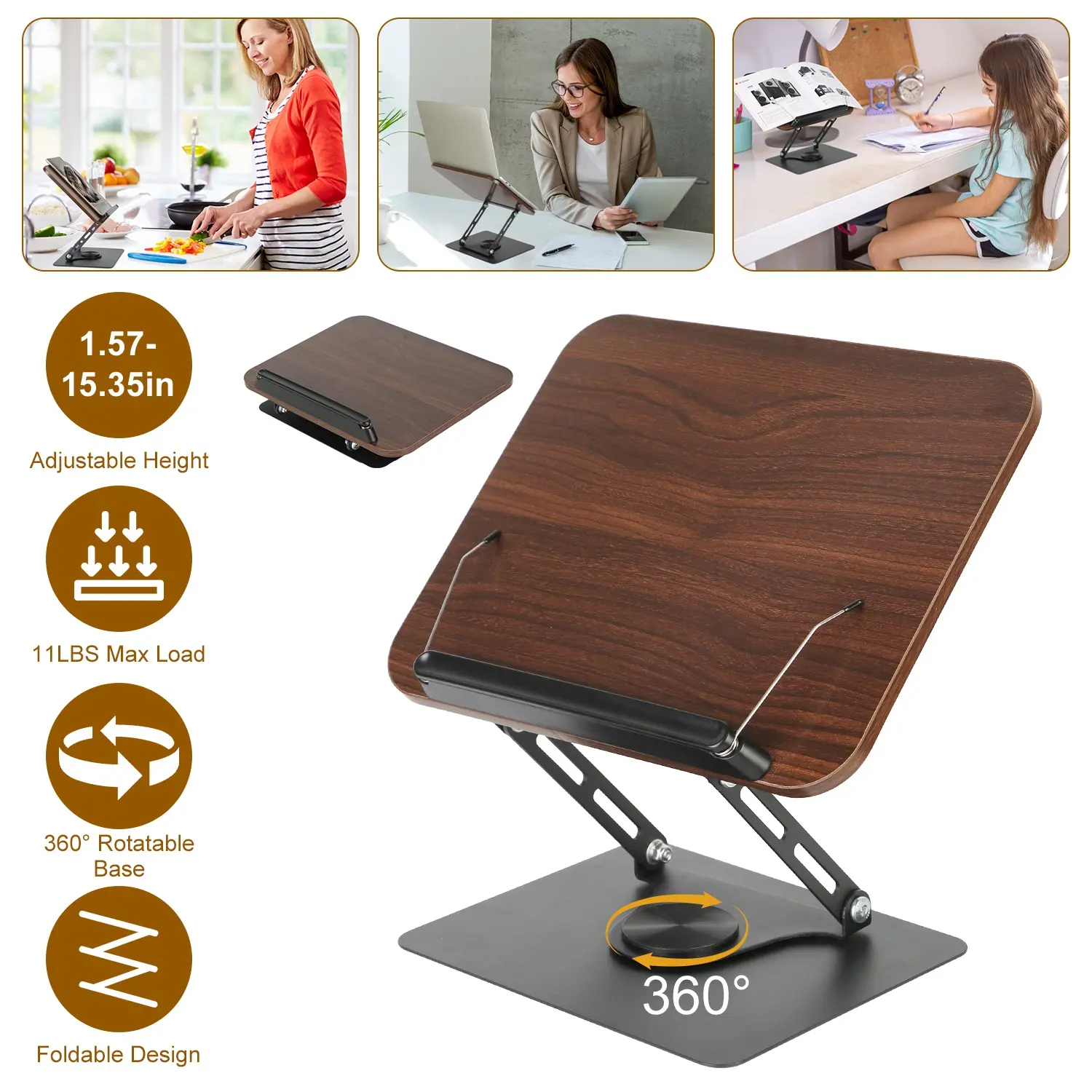 Adjustable Book Stand for Reading, 360° Rotating Foldable Book Holder with Height Adjustment, Dual Page Clips and Nonslip Base for Cookbooks, Textbooks, Sheet Music and Tablets