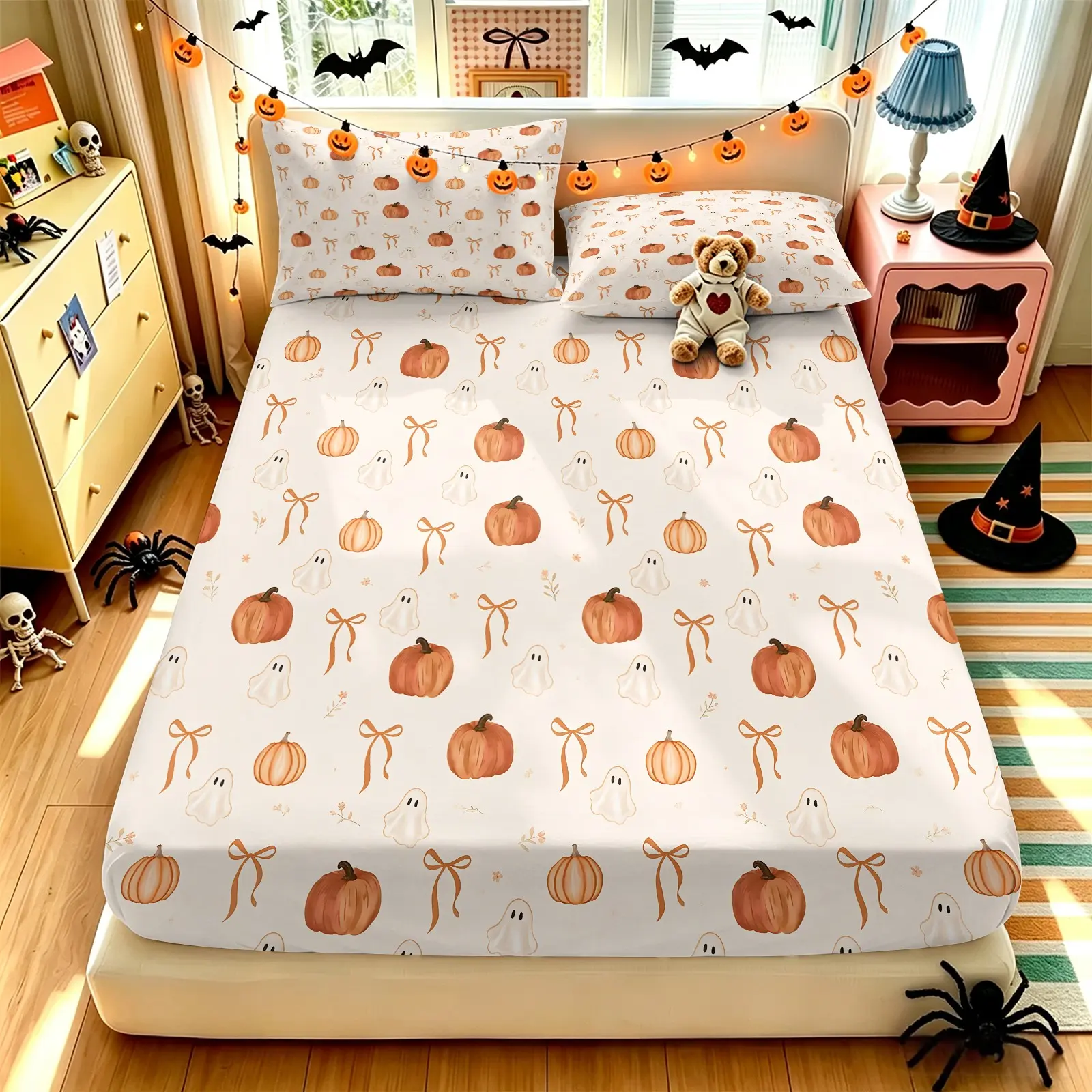Cute Pumpkin Ghost Bow Fitted Sheet Set, Fall Halloween Print Bed Sheets Set, 1 Fitted Sheet & 2 Pillowcase No Filling, Soft Microfiber Deep Pocket Design, Gift for Teens Girls Bedroom Decor