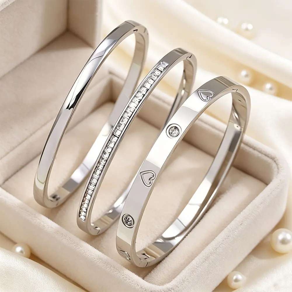 Women's 3-Piece Stainless Steel Stackable Bracelet Set - Costume Jewelry with Synthetic Zircon, Heart-Shaped Design, Waterproof, Fade-Resistant