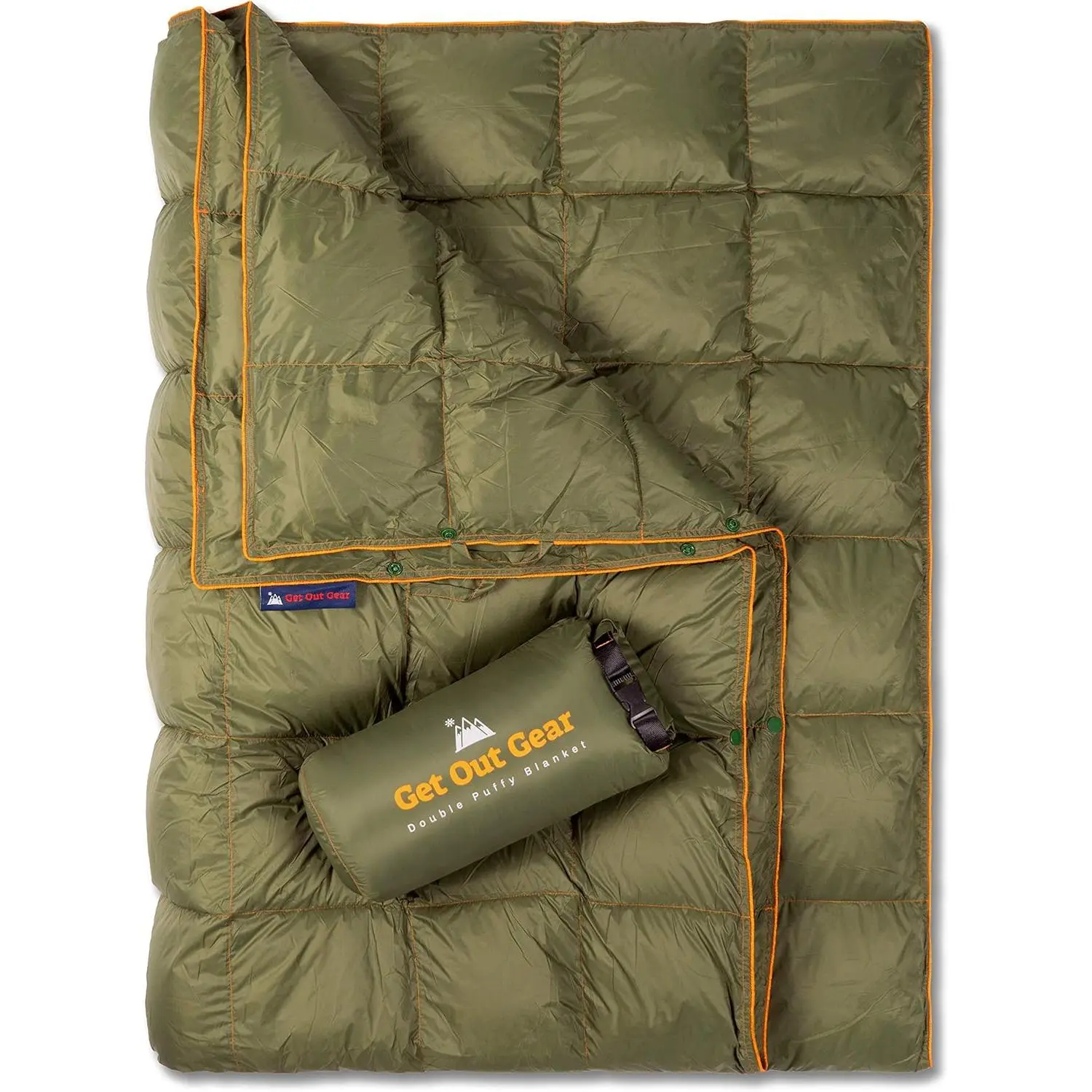 Get Out Gear Double Puffy Camping Blanket - Extra Puffy, Packable, Lightweight and Warm| Ideal for Outdoors, Travel, Stadium, Festivals, Beach, Hammock| Water-Resistant Camp Quilt (Olive/Orange)