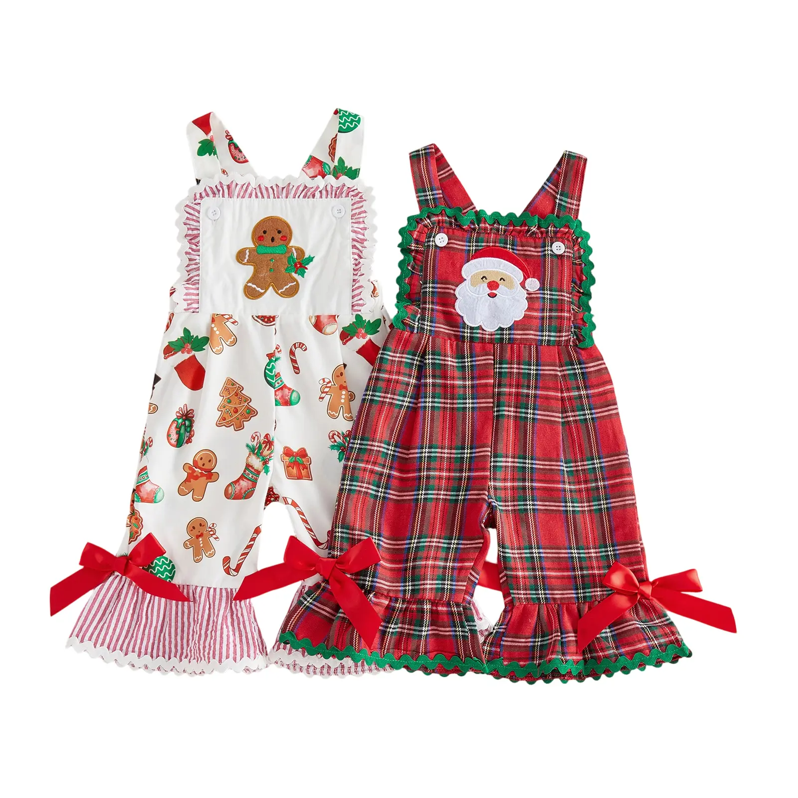 Toddler Baby Little Girls Christmas Overalls Santa Claus Embroidery Sleeveless Plaid Bell Bottoms Jumpsuit 1-5 Years