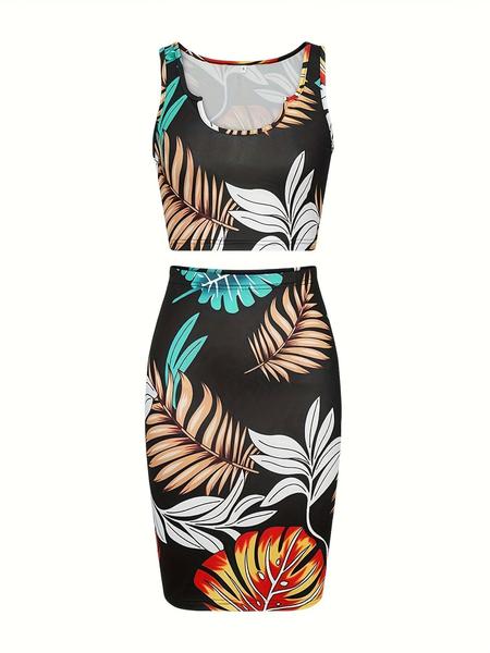 Women's Floral Print Slim Fit Sleeveless Two-Piece Set, Stylish Summer with Elegant Plant Detail, Perfect for Daily Outings, Womenswear