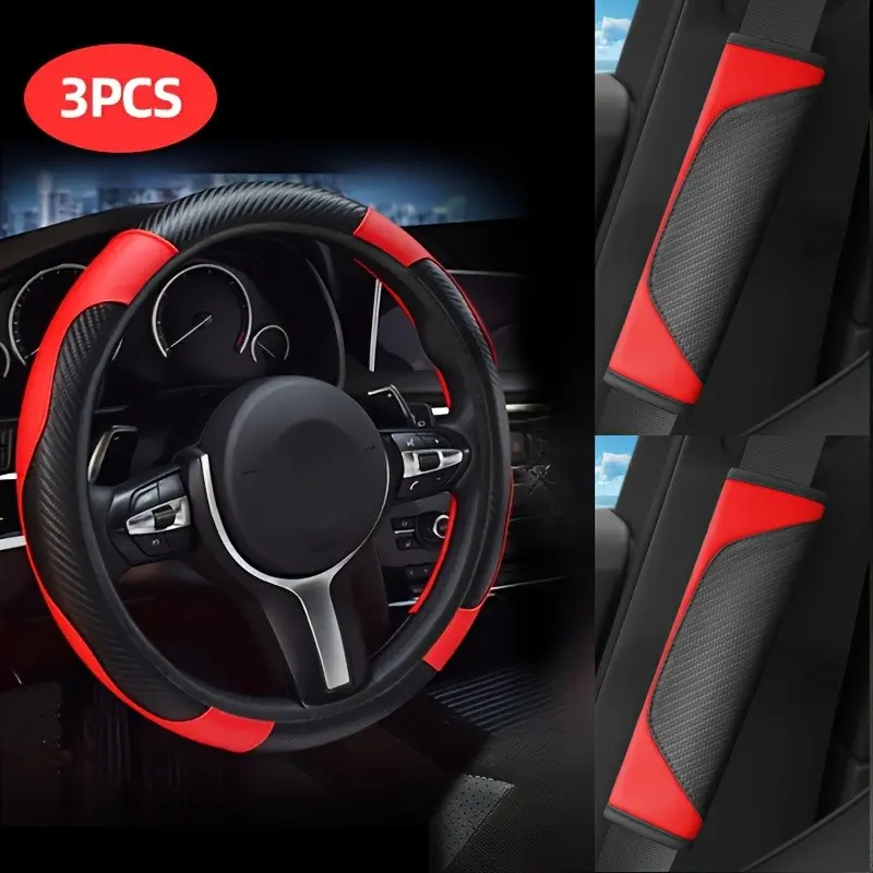 3-Piece Car Interior Set, Sporty Carbon Fiber, Includes Steering Wheel Cover and 2 Armrest Pads, Multiple Colors, Universal Fit