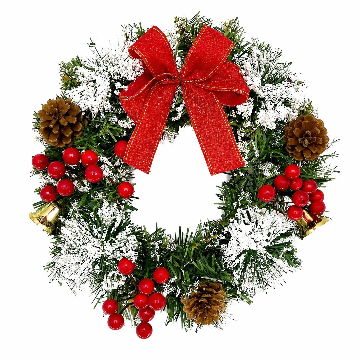 Handmade Festive Christmas Wreath with Realistic Red Berry Accents, Elegant Ribbon Bow - Premium Traditional Look Holiday Decorations, Indoor Decor for Front Doors, Mantels
