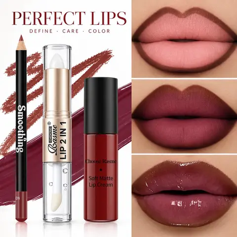 3pcs/set Matte Lip Cream + Dual-ended Lip Balm & Lip Oil + Lip Liner, Glossy Lip Set, Long-lasting Nourishing, Non-Sticky, Matte Misty Lip Dye Pen, Daily Makeup, Moisturizing