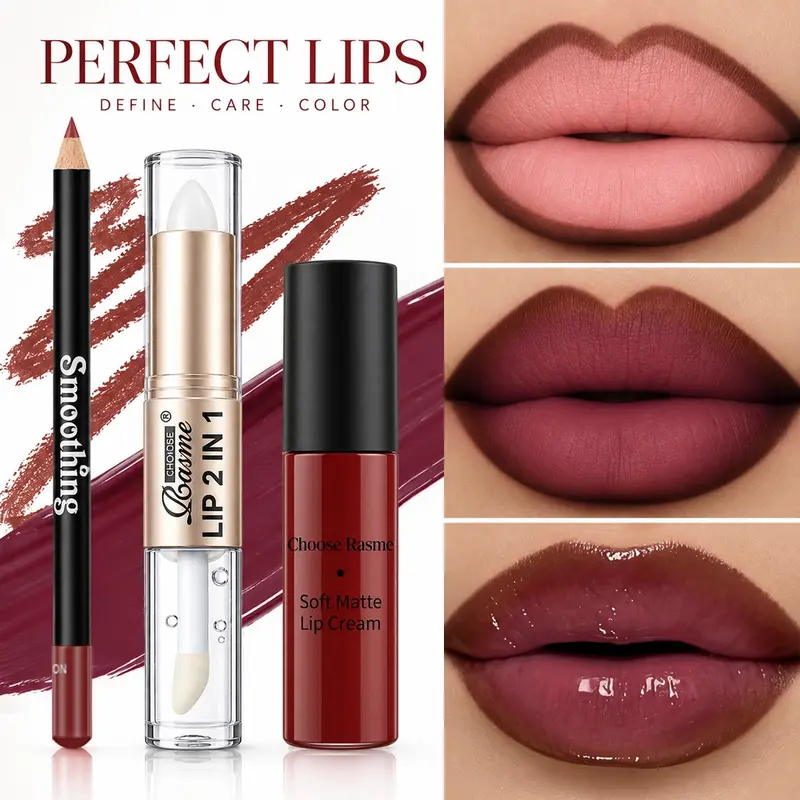 3pcs/set Matte Lip Cream + Dual-ended Lip Balm & Lip Oil + Lip Liner, Glossy Lip Set, Long-lasting Nourishing, Non-Sticky, Matte Misty Lip Dye Pen, Daily Makeup, Moisturizing