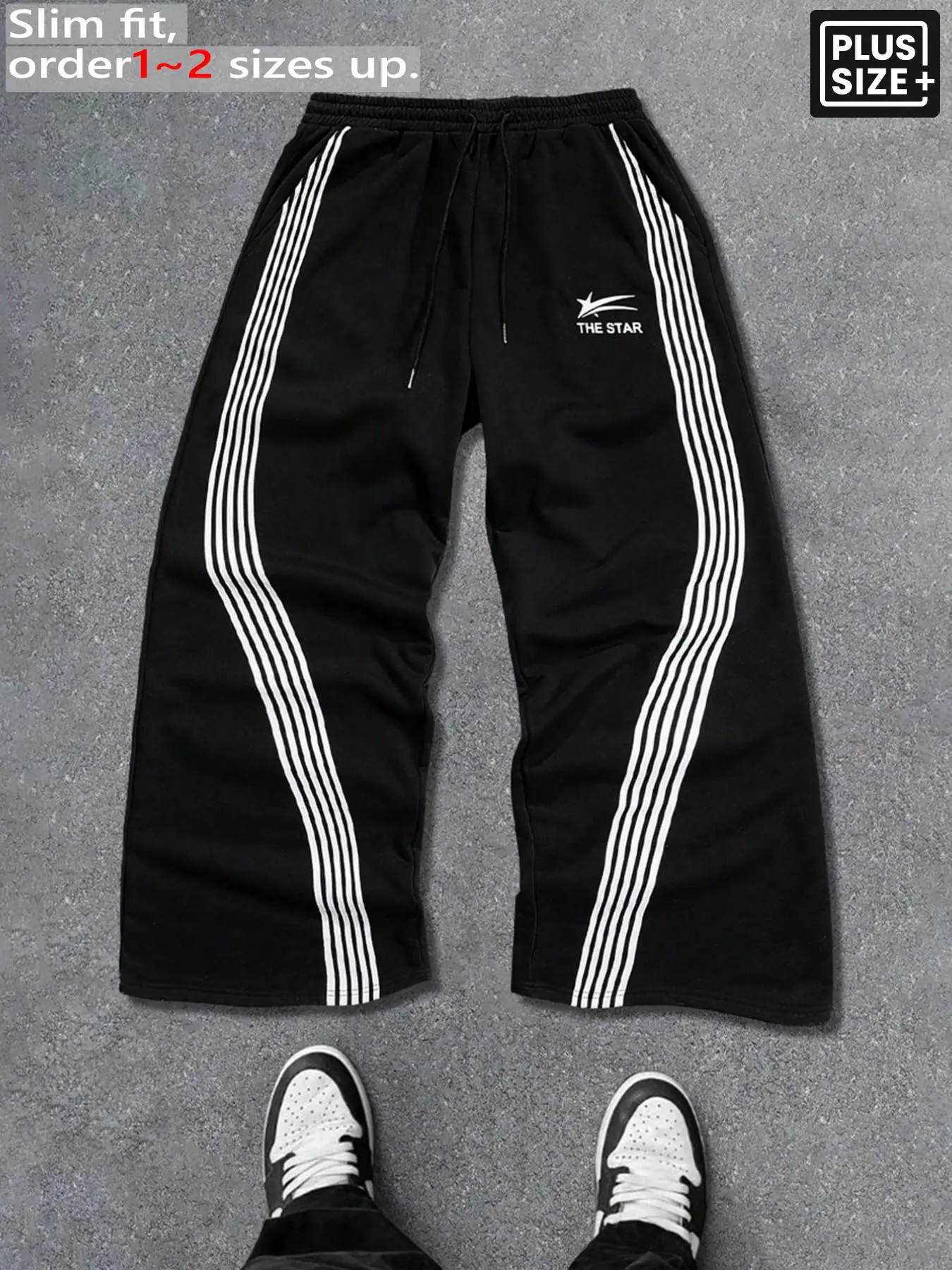 Men's Plus Size Black Wide-Leg Comfy Adjustable Drawstring Waist Sweatpants, Side White Stripes "THE STAR" Print, American Retro Y2K High Street Loose Straight-Leg Pants, Baggy Hip-Hop Casual Trousers with Drawstring, Knitted Sports Pants