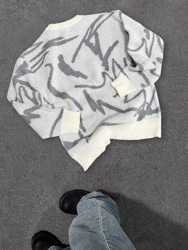 Men's Geometric Print Drop-Shoulder Sweater Pullover, Casual Street Comfy Long Sleeve Round Neck Jumper for Fall & Winter, Men's Knitwear for Daily Wear Men's Geometric Print Drop-Shoulder Sweater Pullover, Casual Street Comfy Long Sleeve Round Neck Jumper for Fall & Winter, Men's Knitwear for Daily Wear