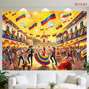 2D Flat - 2D Flat - 1 Large Size Colombian Flags and Traditional Dancers Tapestry| Festive, Colorful, Polyester, Suitable for Bedroom, Living Room, Meditation Area, Office, Party Decoration, Indoor Use