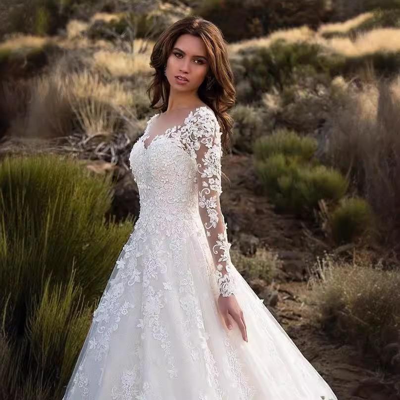 2026 New Style Women's Long-Sleeve Solid Color Sheer Lace Wedding Dress Bridal Gown