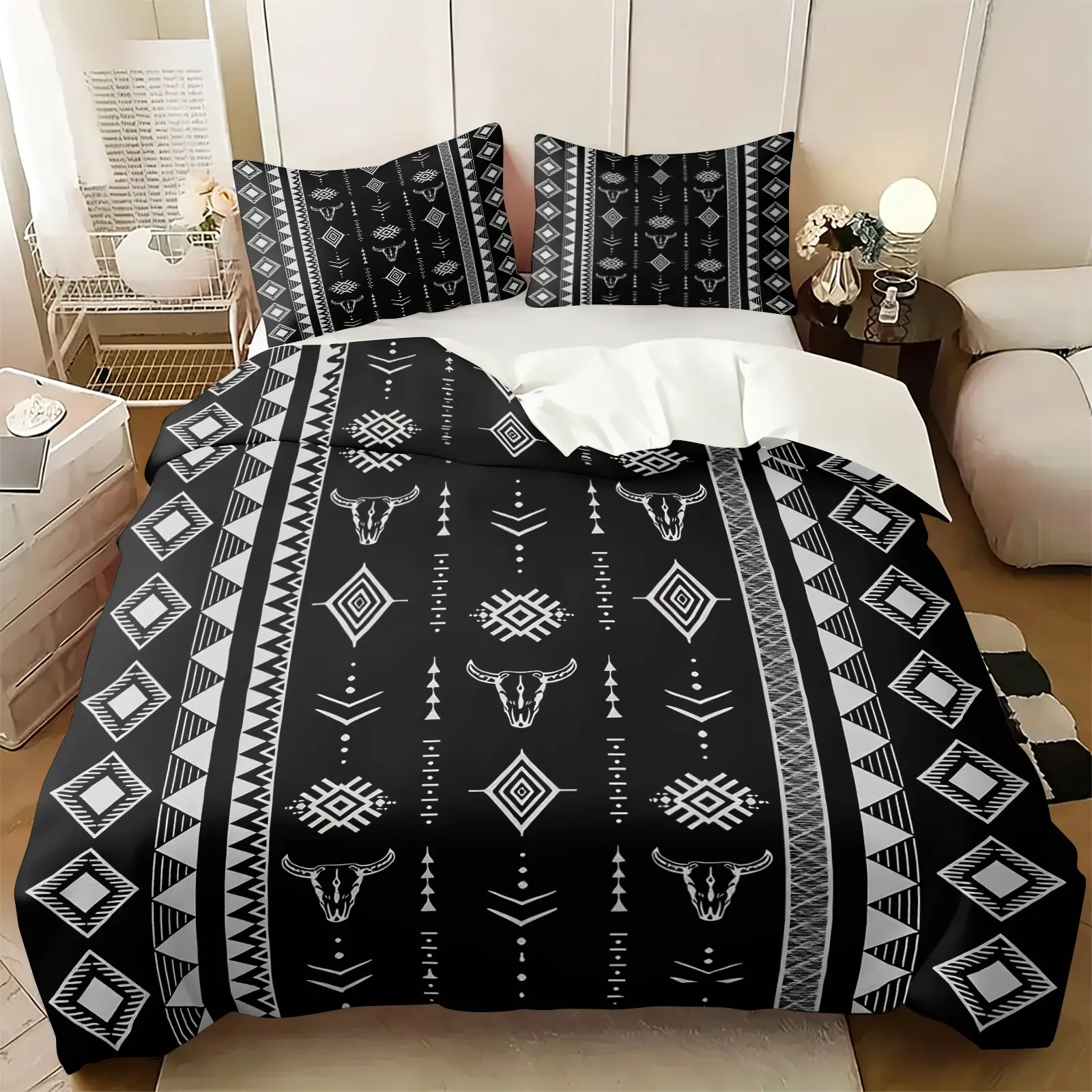 Black Navajo Longhorn Skull Print Duvet Cover Set, Includes 1-2 Pillowcases, Black Southwestern Neutral Bedding, Vertical Tribal Geometric Desert Bed Set All Size, Anti-Pilling Fabric, Western Cabin Decor, Cowboy Lover Gift