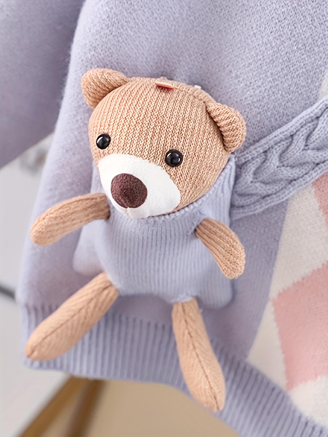 Adorable Girls' Bear Backpack Sweater, Round Neck with Bear Decoration and Checkered Pattern Pullover for Spring/Fall, Perfect Holiday Gift