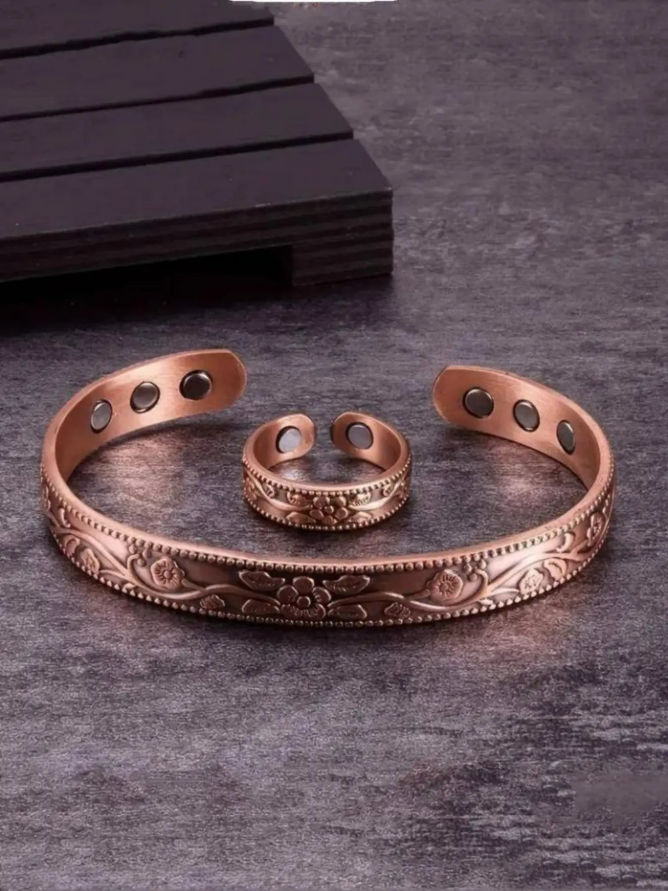 Vintage Style Magnetic Bracelet and Ring Set, Adjustable Size, Trendy Accessories for Couples, Everyday Jewelry Gift