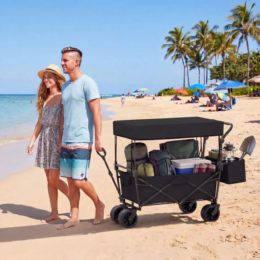 Folding Utility Wagon With Detachable Canopy, Collapsible Garden Cart With Adjustable Push & Pull Handles