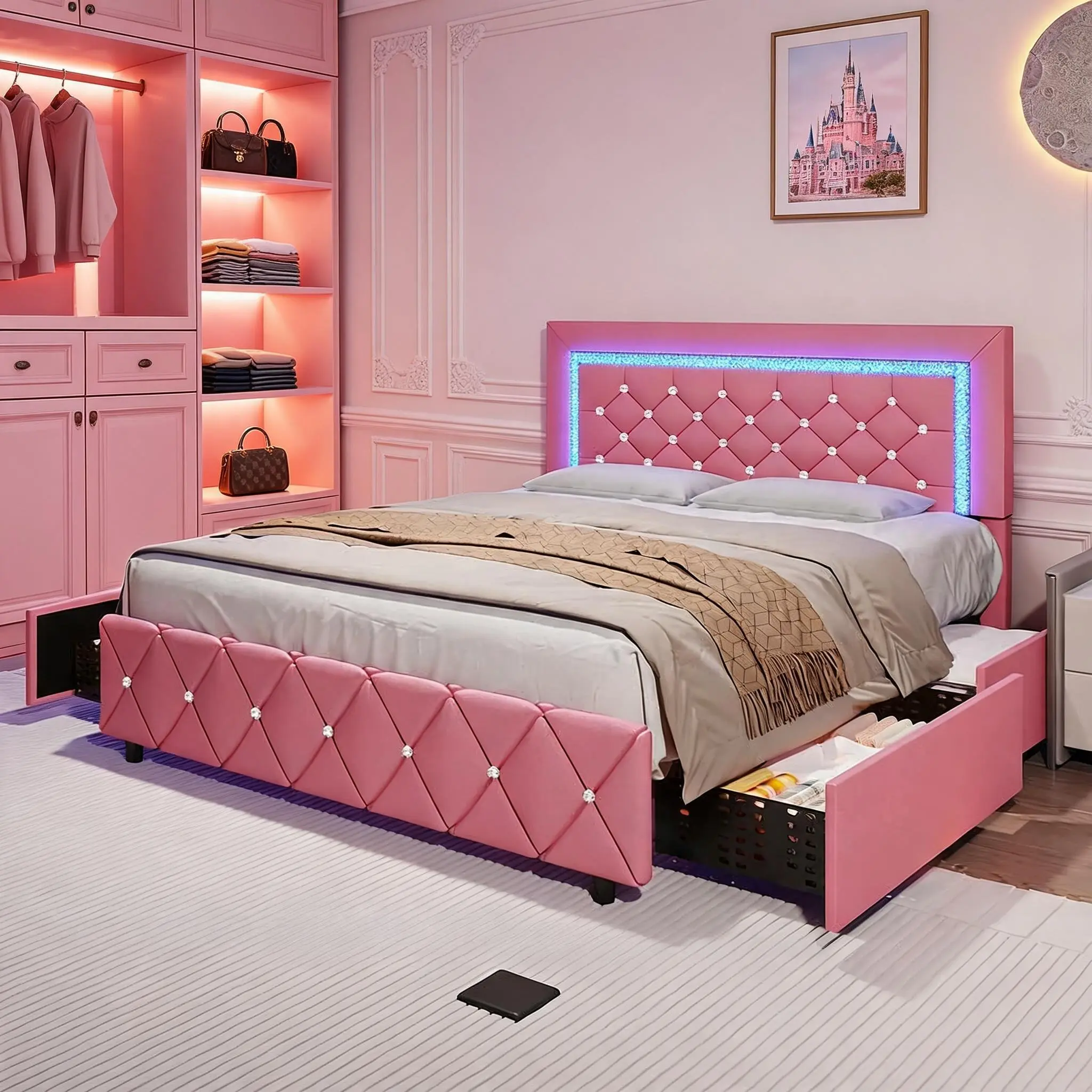 Pink PU Diamond Tufted Storage Bed Frame with App Remote Controlled LED Headboard, 4 Wheeled Underbed Drawers Anti-Slip Silent Wood Rib Slats, Bolt-Free Quick Assembly Rust Resistant Sturdy No Box Spring Modern Trendy Bedroom Decor Bed USB DC Powered