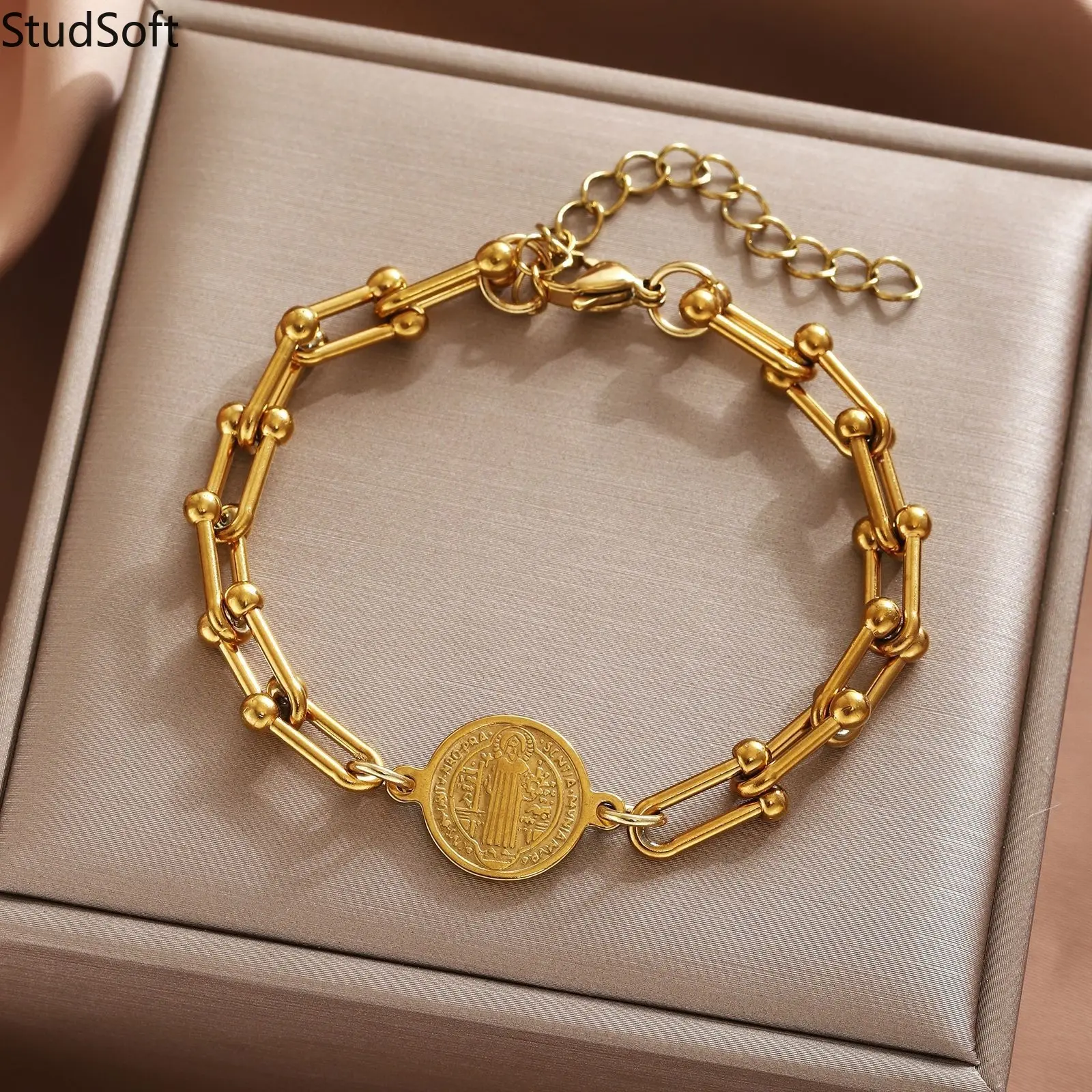 Gold Coin Bracelet for Women 18K Plated U Link Chain Saint Benedict Medal Vintage Religious Amulet Link Bracelets Fashion Jewelry Gifts for Her,back to school,back to school haul