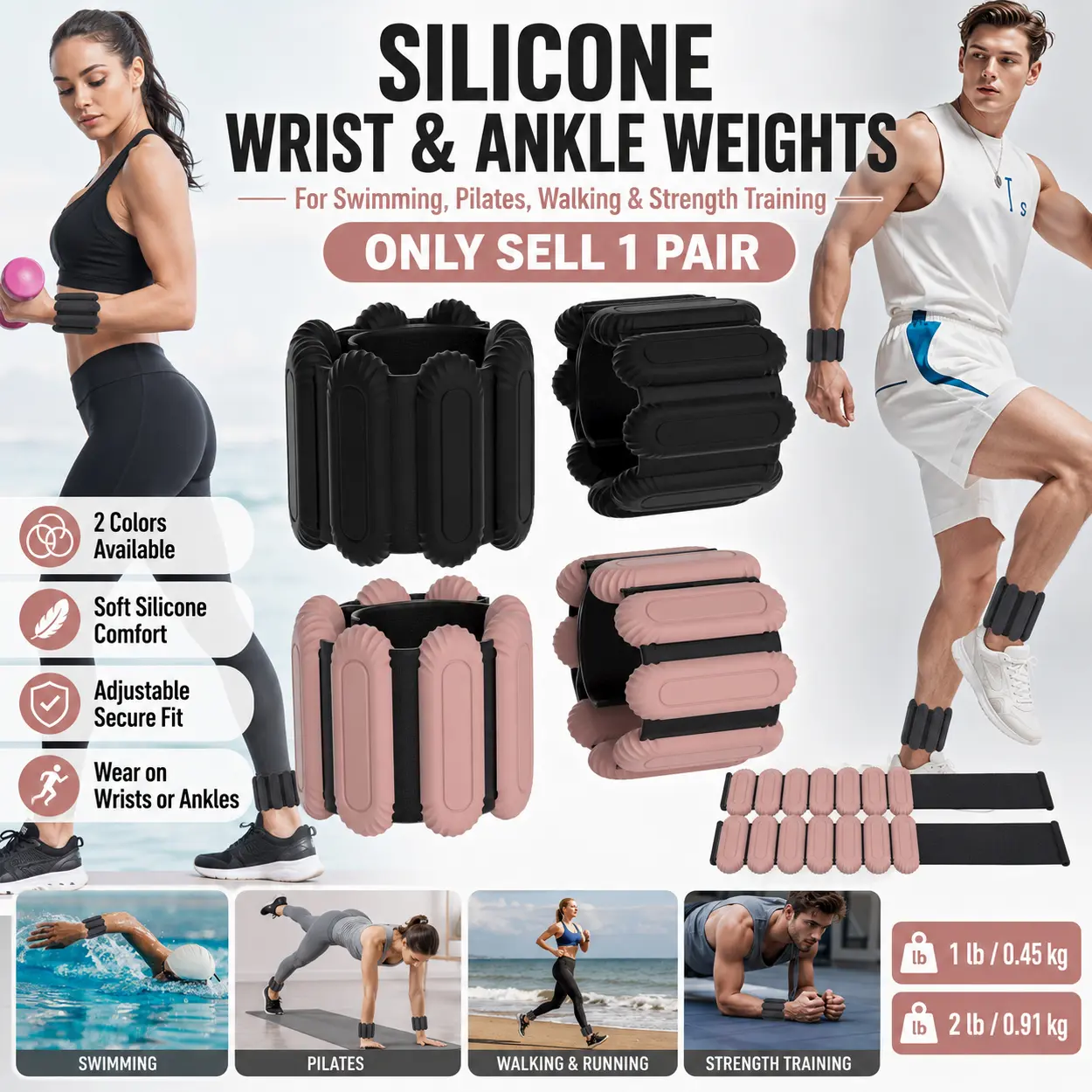1 Pair Wrist and Ankle Weights Silicone Weighted Bracelets Stylish Adjustable Resistance Bands, Hands-Free 1/2LB Fitness Weights for Pilates Yoga Walking Workout Swimming, Comfortable Non Slip Exercise Accessories for Women Men Home Gym Travel