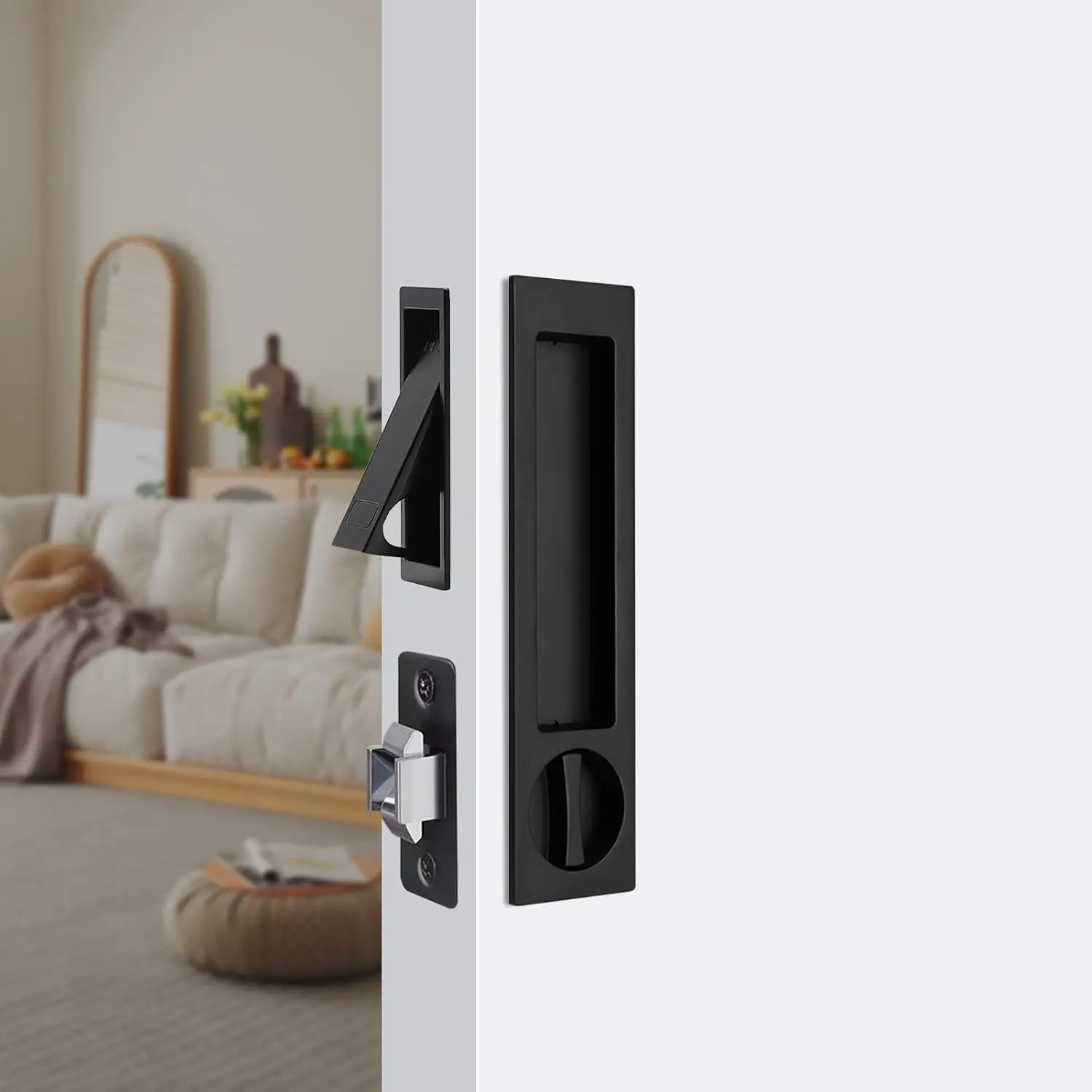Pocket Door Privacy Lock with Edge Pull,Invisible Recessed Handle Latch Sliding Doors Lock, for 1 3/8'' to 2 3/16'' Thickness Barn Door Hardware (1, Matte Black)