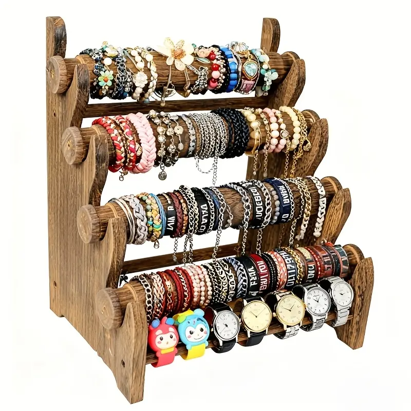 4-Tier Vintage Wooden Jewelry Display Stand, Bracelet, Necklace, and Watch Organizer, Desktop Storage Rack, Jewelry Storage Stand, Hair Tie Organizer, Jewelry Display Stand – Perfect for Birthdays, Valentine's Day, Father's Day, and Mother's Day Gifts