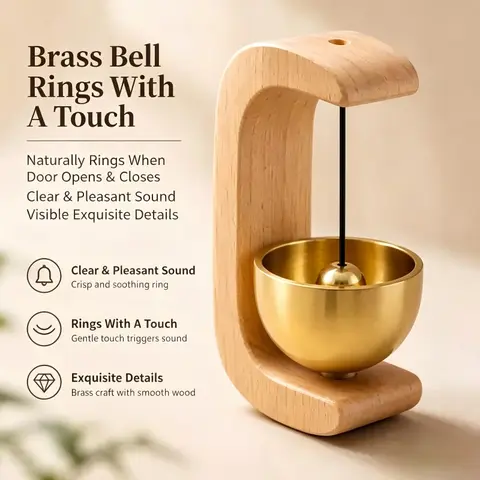 Dopamine Style Doorbell, Touch Trigger Brass Bell, Wooden Frame Base, Magnetic Wall Mount, Clear Sound, Home Shop Entrance Reminder, Moving Gift, Decorative Doorbell