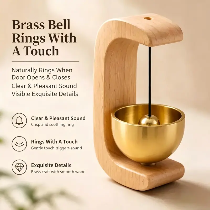 Dopamine Style Doorbell, Touch Trigger Brass Bell, Wooden Frame Base, Magnetic Wall Mount, Clear Sound, Home Shop Entrance Reminder, Moving Gift, Decorative Doorbell