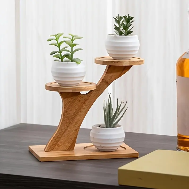 2-Tier Bamboo Plant Stand - Stylish Round Wooden Base Display Rack for Small Potted Plants, Ideal for Home, Office and Balcony Decoration, Simple 2-Tier Design