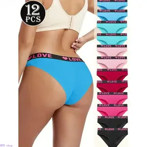 Women's 12-Pack Color Block Letter Print Underwear - Soft, Elastic, Breathable Comfort Intimates, Ideal Daily Lingerie & Valentine’s Day Gift For Ladies